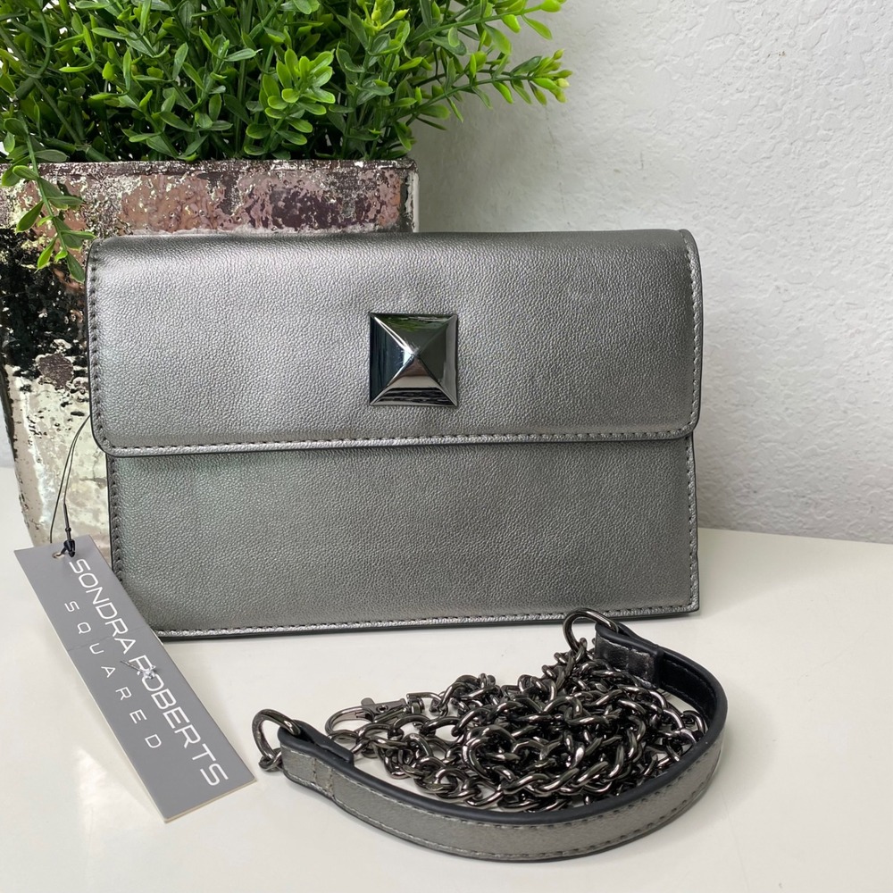 Sondra Roberts Squared Studded Chain Strap Crossbody‎ Clutch Evening Bag Silver